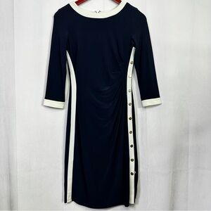 Lauren Ralph Lauren Midi Dress Side Gather Color Block Navy Blue Gold 4 Luxury